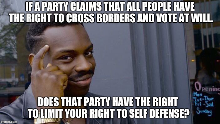 Sorry democrats you can't limit firearms.  Carry everywhere, everyday | IF A PARTY CLAIMS THAT ALL PEOPLE HAVE THE RIGHT TO CROSS BORDERS AND VOTE AT WILL. DOES THAT PARTY HAVE THE RIGHT TO LIMIT YOUR RIGHT TO SELF DEFENSE? | image tagged in memes,roll safe think about it,no gun control,carry everywhere | made w/ Imgflip meme maker