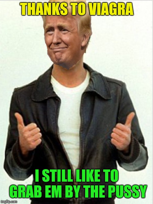 Fonzie Trump | THANKS TO VIAGRA I STILL LIKE TO GRAB EM BY THE PUSSY | image tagged in fonzie trump | made w/ Imgflip meme maker