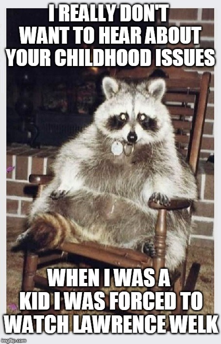 Like about 100 years ago... | I REALLY DON'T WANT TO HEAR ABOUT YOUR CHILDHOOD ISSUES; WHEN I WAS A KID I WAS FORCED TO WATCH LAWRENCE WELK | image tagged in rock and roll,powermetalhead,rock and roll never forgets,raccoon | made w/ Imgflip meme maker