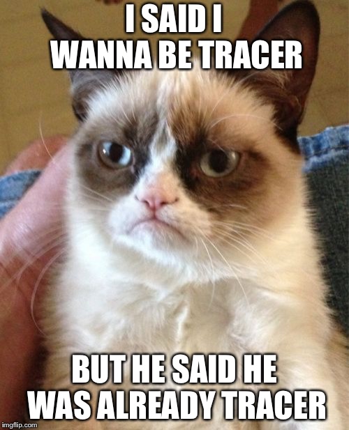Grumpy Cat Meme | I SAID I WANNA BE TRACER; BUT HE SAID HE WAS ALREADY TRACER | image tagged in memes,grumpy cat | made w/ Imgflip meme maker