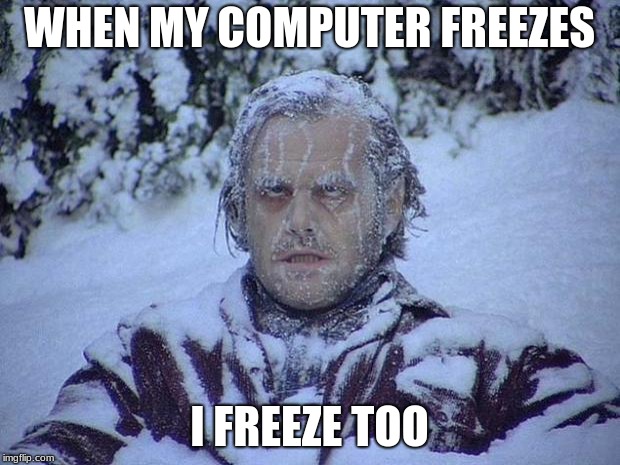 Jack Nicholson The Shining Snow Meme | WHEN MY COMPUTER FREEZES; I FREEZE TOO | image tagged in memes,jack nicholson the shining snow | made w/ Imgflip meme maker