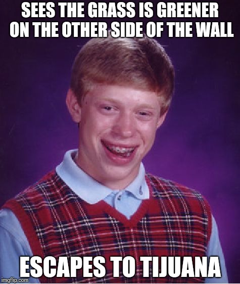 An illegal in Mexico !! | SEES THE GRASS IS GREENER ON THE OTHER SIDE OF THE WALL; ESCAPES TO TIJUANA | image tagged in memes,bad luck brian | made w/ Imgflip meme maker