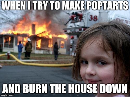 Disaster Girl Meme | WHEN I TRY TO MAKE POPTARTS; AND BURN THE HOUSE DOWN | image tagged in memes,disaster girl | made w/ Imgflip meme maker