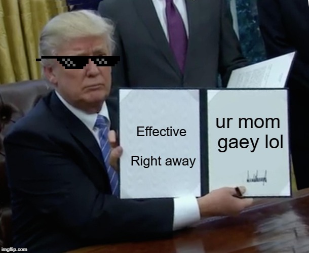 Trump Bill Signing | ur mom gaey lol; Effective Right away | image tagged in memes,trump bill signing | made w/ Imgflip meme maker