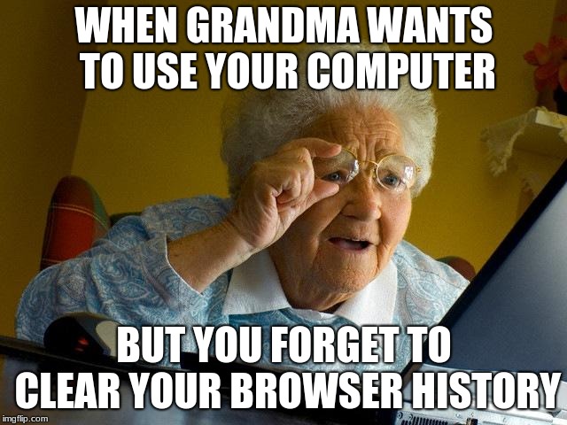 always clear your history | WHEN GRANDMA WANTS TO USE YOUR COMPUTER; BUT YOU FORGET TO CLEAR YOUR BROWSER HISTORY | image tagged in memes,grandma finds the internet | made w/ Imgflip meme maker