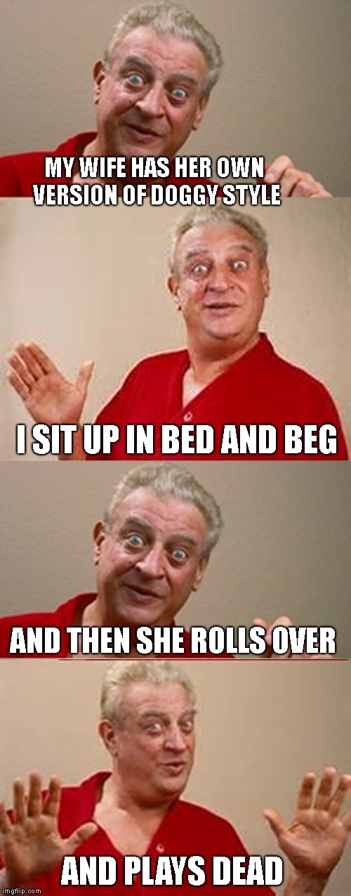 being married is GREAT ! | MY WIFE HAS HER OWN VERSION OF DOGGY STYLE; I SIT UP IN BED AND BEG; AND THEN SHE ROLLS OVER; AND PLAYS DEAD | image tagged in bad pun rodney dangerfield,doggy style,innuendo,lol so funny | made w/ Imgflip meme maker