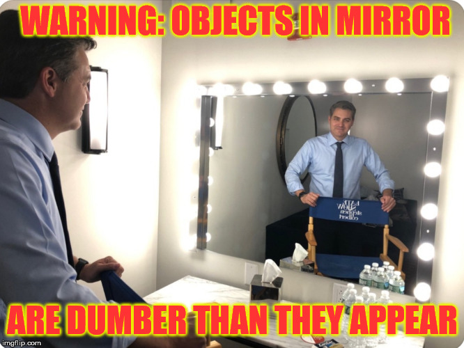 Jim Acosta Mirror | WARNING: OBJECTS IN MIRROR; ARE DUMBER THAN THEY APPEAR | image tagged in jim acosta mirror,memes,dumb,warning,political,what if i told you | made w/ Imgflip meme maker