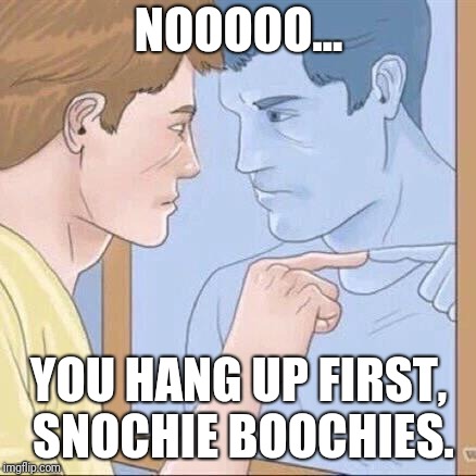 Pointing mirror guy | NOOOOO... YOU HANG UP FIRST, SNOCHIE BOOCHIES. | image tagged in pointing mirror guy | made w/ Imgflip meme maker