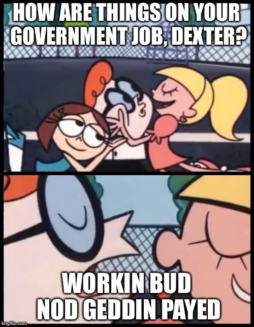 Dexter | HOW ARE THINGS ON YOUR GOVERNMENT JOB, DEXTER? WORKIN BUD NOD GEDDIN PAYED | image tagged in say it again dexter | made w/ Imgflip meme maker