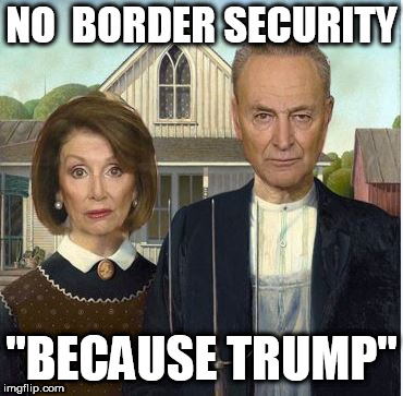 WHAT A BUNCH OF ASS HATS!   | NO  BORDER SECURITY; "BECAUSE TRUMP" | image tagged in because  trump chuck  nancy are buffoons | made w/ Imgflip meme maker