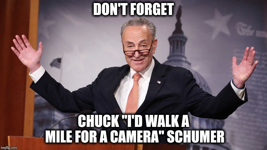 Chuck Schumer | DON'T FORGET CHUCK "I'D WALK A MILE FOR A CAMERA" SCHUMER | image tagged in chuck schumer | made w/ Imgflip meme maker