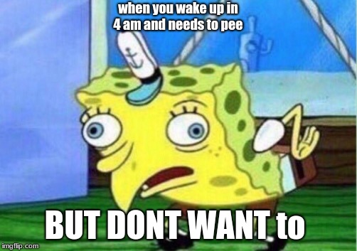 Mocking Spongebob Meme | when you wake up in 4 am and needs to pee; BUT DONT WANT to | image tagged in memes,mocking spongebob | made w/ Imgflip meme maker
