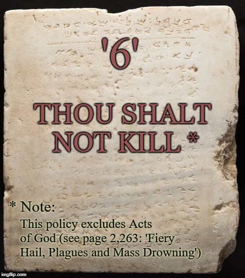 Commandment Caveat | '6'; THOU SHALT NOT KILL *; * Note:; This policy excludes Acts of God (see page 2,263: 'Fiery Hail, Plagues and Mass Drowning') | image tagged in acts of god,ten commandments,god,moses | made w/ Imgflip meme maker