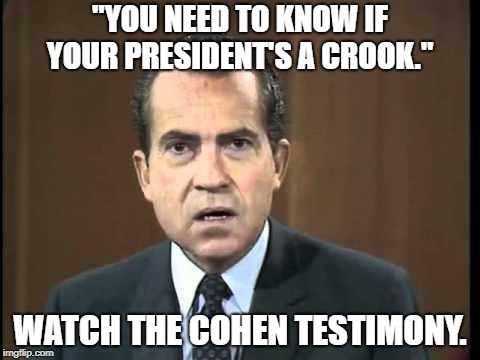Richard Nixon - Laugh In | "YOU NEED TO KNOW IF YOUR PRESIDENT'S A CROOK."; WATCH THE COHEN TESTIMONY. | image tagged in richard nixon - laugh in | made w/ Imgflip meme maker