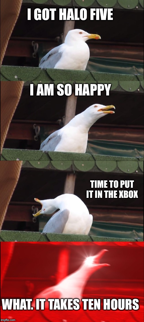 Inhaling Seagull | I GOT HALO FIVE; I AM SO HAPPY; TIME TO PUT IT IN THE XBOX; WHAT. IT TAKES TEN HOURS | image tagged in memes,inhaling seagull | made w/ Imgflip meme maker