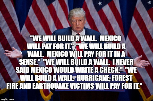 Donald Trump | "WE WILL BUILD A WALL.  MEXICO WILL PAY FOR IT."  "WE WILL BUILD A WALL.  MEXICO WILL PAY FOR IT IN A SENSE."  "WE WILL BUILD A WALL.  I NEVER SAID MEXICO WOULD WRITE A CHECK."  "WE WILL BUILD A WALL.  HURRICANE, FOREST FIRE AND EARTHQUAKE VICTIMS WILL PAY FOR IT." | image tagged in donald trump | made w/ Imgflip meme maker