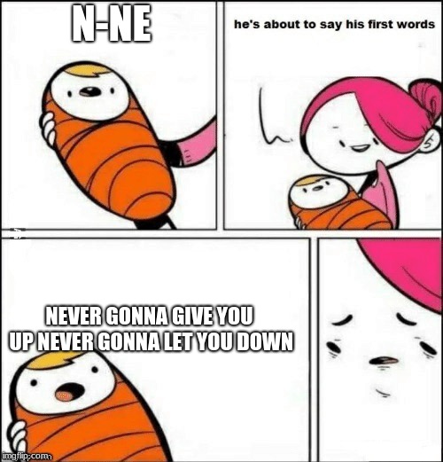 baby first words | N-NE; NEVER GONNA GIVE YOU UP NEVER GONNA LET YOU DOWN | image tagged in baby first words | made w/ Imgflip meme maker