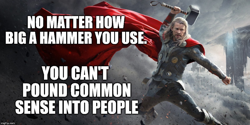 Unfortunately, common sense is not that common. | NO MATTER HOW BIG A HAMMER YOU USE. YOU CAN'T POUND COMMON SENSE INTO PEOPLE | image tagged in thor and his hammer | made w/ Imgflip meme maker