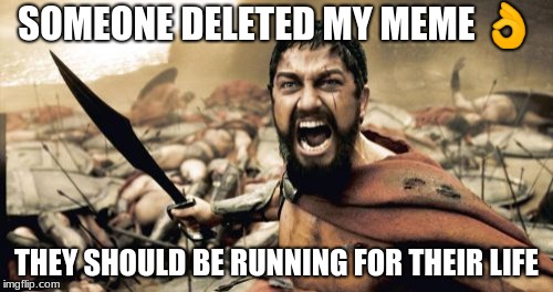 Sparta Leonidas Meme | SOMEONE DELETED MY MEME 👌; THEY SHOULD BE RUNNING FOR THEIR LIFE | image tagged in memes,sparta leonidas | made w/ Imgflip meme maker