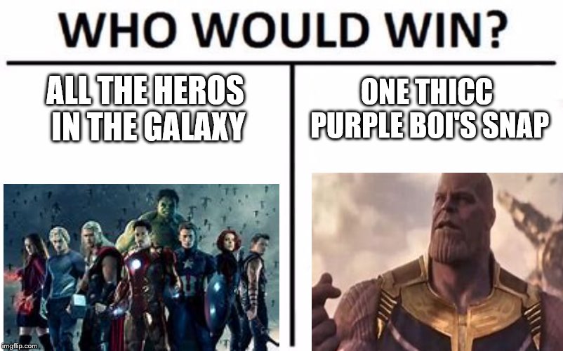 Who Would Win? Meme | ALL THE HEROS IN THE GALAXY; ONE THICC PURPLE BOI'S SNAP | image tagged in memes,who would win | made w/ Imgflip meme maker