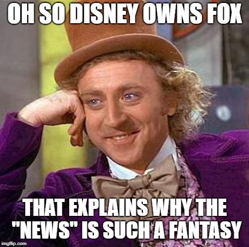 Creepy Condescending Wonka Meme | OH SO DISNEY OWNS FOX THAT EXPLAINS WHY THE "NEWS" IS SUCH A FANTASY | image tagged in memes,creepy condescending wonka | made w/ Imgflip meme maker