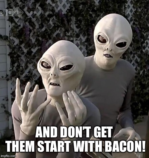 Aliens | AND DON’T GET THEM START WITH BACON! | image tagged in aliens | made w/ Imgflip meme maker