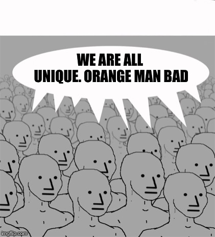 NPCProgramScreed | WE ARE ALL UNIQUE. ORANGE MAN BAD | image tagged in npcprogramscreed | made w/ Imgflip meme maker