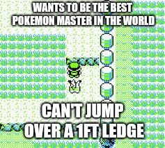 Pokemon trainers are weak | WANTS TO BE THE BEST POKEMON MASTER IN THE WORLD; CAN'T JUMP OVER A 1FT LEDGE | image tagged in pokemon,pokemon logic | made w/ Imgflip meme maker