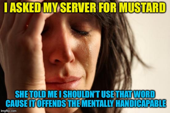 First World Word Problems | I ASKED MY SERVER FOR MUSTARD; SHE TOLD ME I SHOULDN’T USE THAT WORD CAUSE IT OFFENDS THE MENTALLY HANDICAPABLE | image tagged in memes,first world problems | made w/ Imgflip meme maker
