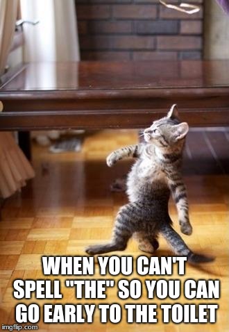 Cool Cat Stroll Meme | WHEN YOU CAN'T SPELL "THE" SO YOU CAN GO EARLY TO THE TOILET | image tagged in memes,cool cat stroll | made w/ Imgflip meme maker