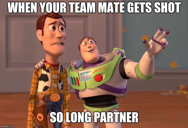 X, X Everywhere | WHEN YOUR TEAM MATE GETS SHOT; SO LONG PARTNER | image tagged in memes,x x everywhere | made w/ Imgflip meme maker