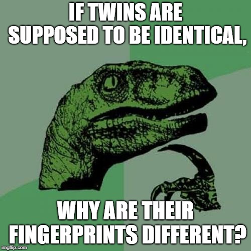 Philosoraptor | IF TWINS ARE SUPPOSED TO BE IDENTICAL, WHY ARE THEIR FINGERPRINTS DIFFERENT? | image tagged in memes,philosoraptor | made w/ Imgflip meme maker