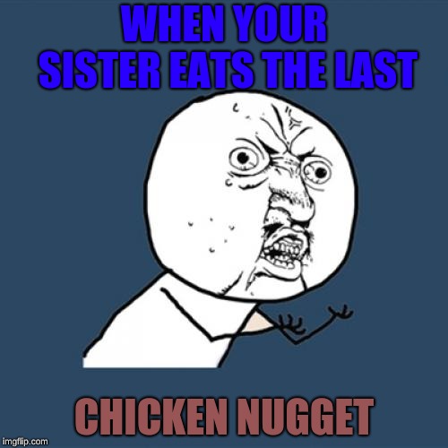 Y U No Meme | WHEN YOUR SISTER EATS THE LAST; CHICKEN NUGGET | image tagged in memes,y u no | made w/ Imgflip meme maker