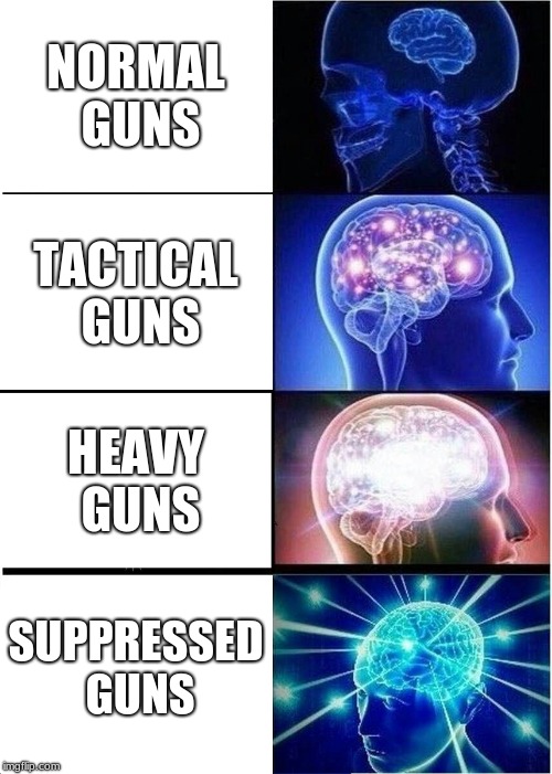 Expanding Brain Meme | NORMAL GUNS; TACTICAL GUNS; HEAVY GUNS; SUPPRESSED GUNS | image tagged in memes,expanding brain | made w/ Imgflip meme maker
