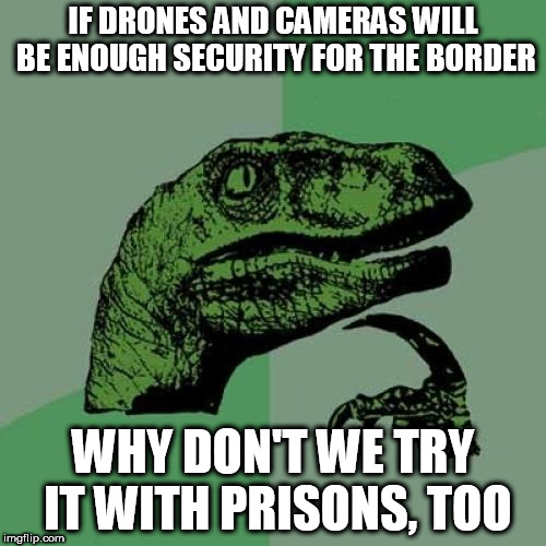 Philosoraptor | IF DRONES AND CAMERAS WILL BE ENOUGH SECURITY FOR THE BORDER; WHY DON'T WE TRY IT WITH PRISONS, TOO | image tagged in memes,philosoraptor | made w/ Imgflip meme maker