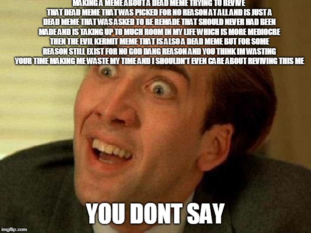 Nick Cage | MAKING A MEME ABOUT A DEAD MEME TRYING TO REVIVE THAT DEAD MEME THAT WAS PICKED FOR NO REASON AT ALL AND IS JUST A DEAD MEME THAT WAS ASKED TO BE REMADE THAT SHOULD NEVER HAD BEEN MADE AND IS TAKING UP TO MUCH ROOM IN MY LIFE WHICH IS MORE MEDIOCRE THEN THE EVIL KERMIT MEME THAT IS ALSO A DEAD MEME BUT FOR SOME REASON STILL EXIST FOR NO GOD DANG REASON AND YOU THINK IM WASTING YOUR TIME MAKING ME WASTE MY TIME AND I SHOULDN'T EVEN CARE ABOUT REVIVING THIS ME; YOU DONT SAY | image tagged in nick cage | made w/ Imgflip meme maker