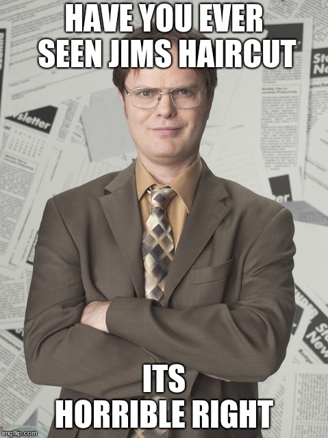 Dwight Schrute 2 | HAVE YOU EVER SEEN JIMS HAIRCUT; ITS HORRIBLE RIGHT | image tagged in memes,dwight schrute 2 | made w/ Imgflip meme maker