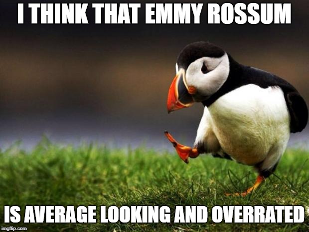 Unpopular Opinion Puffin Meme | I THINK THAT EMMY ROSSUM; IS AVERAGE LOOKING AND OVERRATED | image tagged in memes,unpopular opinion puffin | made w/ Imgflip meme maker