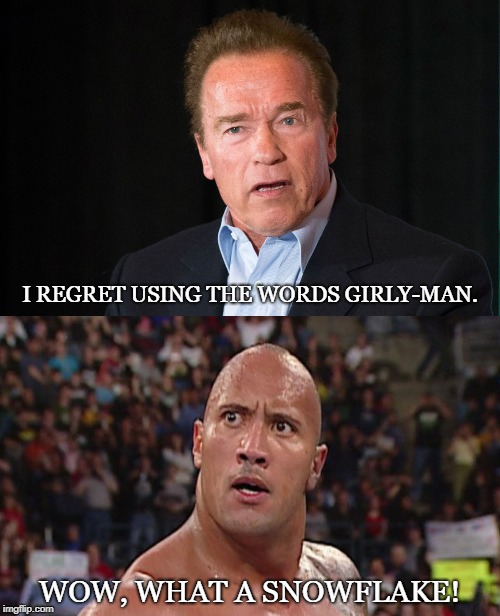 Girly-Men are Snowflakes | I REGRET USING THE WORDS GIRLY-MAN. WOW, WHAT A SNOWFLAKE! | image tagged in arnold schwarzenegger,the rock,girly-man,snowflake,alpha-male,beta-male | made w/ Imgflip meme maker