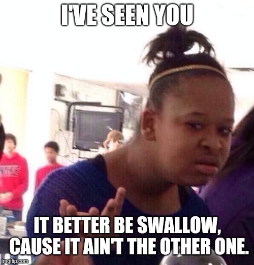Black Girl Wat Meme | I'VE SEEN YOU IT BETTER BE SWALLOW, CAUSE IT AIN'T THE OTHER ONE. | image tagged in memes,black girl wat | made w/ Imgflip meme maker