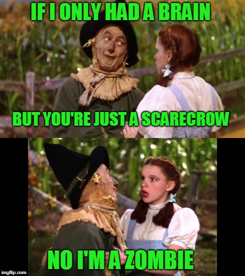 Why do you keep calling me dinner? It's Dorthy! |  IF I ONLY HAD A BRAIN; BUT YOU'RE JUST A SCARECROW; NO I'M A ZOMBIE | image tagged in wizard of oz,brainssss | made w/ Imgflip meme maker
