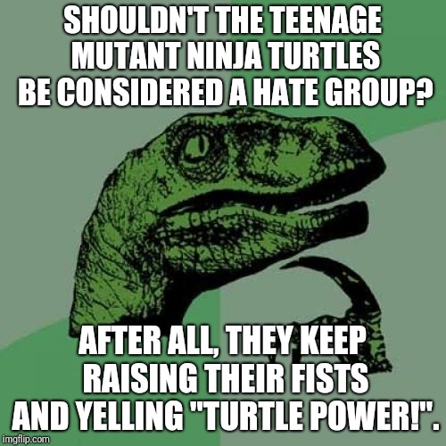 Philosoraptor | SHOULDN'T THE TEENAGE MUTANT NINJA TURTLES BE CONSIDERED A HATE GROUP? AFTER ALL, THEY KEEP RAISING THEIR FISTS AND YELLING "TURTLE POWER!". | image tagged in memes,philosoraptor | made w/ Imgflip meme maker