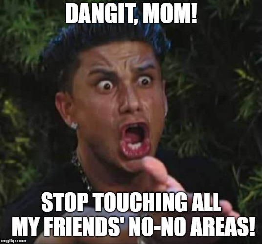 Jersey shore  | DANGIT, MOM! STOP TOUCHING ALL MY FRIENDS' NO-NO AREAS! | image tagged in jersey shore | made w/ Imgflip meme maker