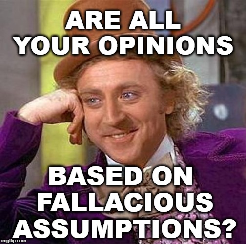 Creepy Condescending Wonka Meme | ARE ALL YOUR OPINIONS; BASED ON FALLACIOUS ASSUMPTIONS? | image tagged in memes,creepy condescending wonka | made w/ Imgflip meme maker