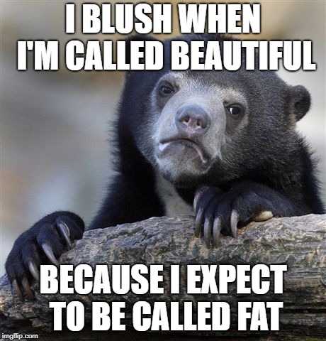 Confession Bear Meme | I BLUSH WHEN I'M CALLED BEAUTIFUL BECAUSE I EXPECT TO BE CALLED FAT | image tagged in memes,confession bear | made w/ Imgflip meme maker