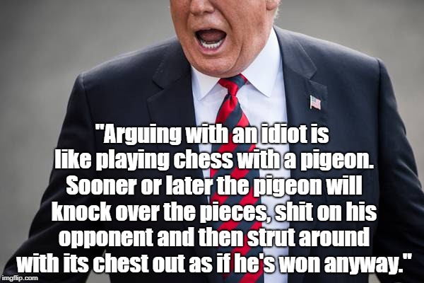 "Arguing With An Idiot Is Like Playing Chess With A Pigeon." | "Arguing with an idiot is like playing chess with a pigeon. Sooner or later the pigeon will knock over the pieces, shit on his opponent and  | image tagged in trump,deplorable donald,arguing with an idiot,trump and the pigeon | made w/ Imgflip meme maker
