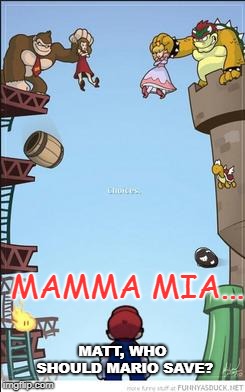 Mario, DK, and Bowser | MAMMA MIA... MATT, WHO SHOULD MARIO SAVE? | image tagged in mario dk and bowser | made w/ Imgflip meme maker