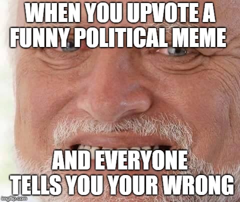 harold smiling | WHEN YOU UPVOTE A FUNNY POLITICAL MEME; AND EVERYONE TELLS YOU YOUR WRONG | image tagged in harold smiling | made w/ Imgflip meme maker