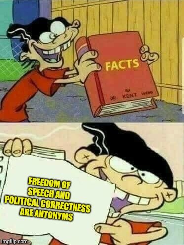 A rather obvious fact,if you ask me | FREEDOM OF SPEECH AND POLITICAL CORRECTNESS ARE ANTONYMS | image tagged in double d facts book,freedom of speech,political correctness,powermetalhead,politics,obvious | made w/ Imgflip meme maker