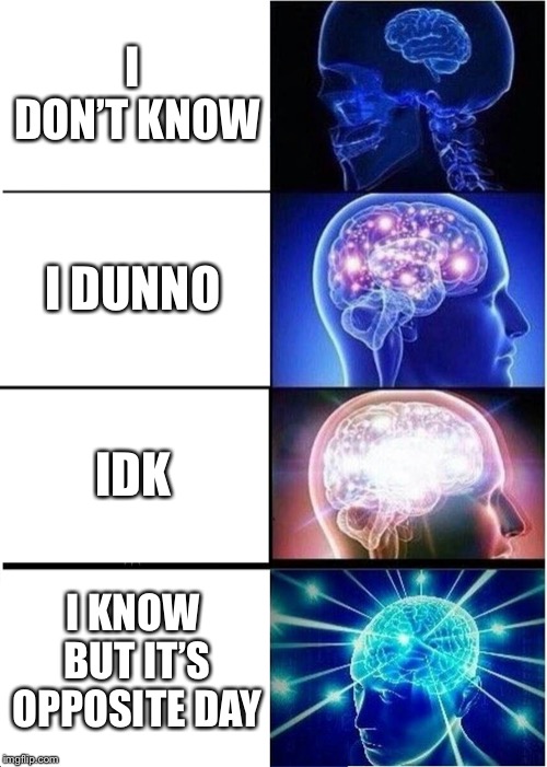 Expanding Brain | I DON’T KNOW; I DUNNO; IDK; I KNOW BUT IT’S OPPOSITE DAY | image tagged in memes,expanding brain,funny,i don't care,idk,opposite day | made w/ Imgflip meme maker